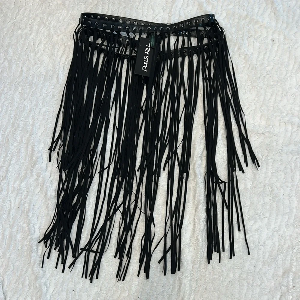 Dolls Kill Nomad Black Fringe Skirt Belt women’s size large XL new faux leather